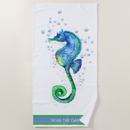Nautical Seahorse Teal Aqua Blue Marine Custom  Beach Towel
