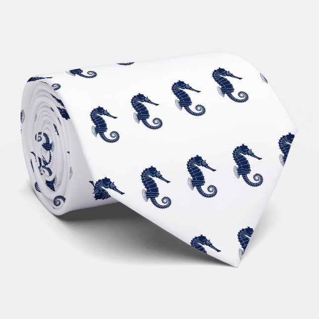 Nautical Seahorse Themed Navy on White Neck Tie (Rolled)