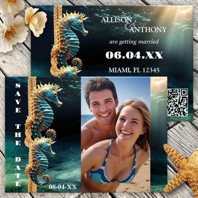 Nautical Seahorses Ocean Photo Save the Date Announcement (Save the Date card featuring your photo on an underwater scene with seahorses tying the knot - QR)