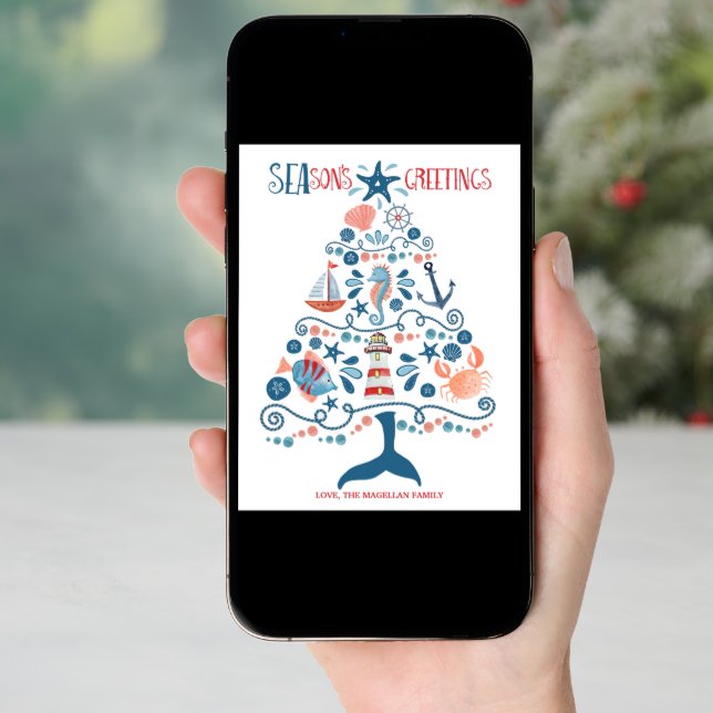 Nautical Seas and Greetings Beach Christmas Tree Holiday Card (Front Digital)