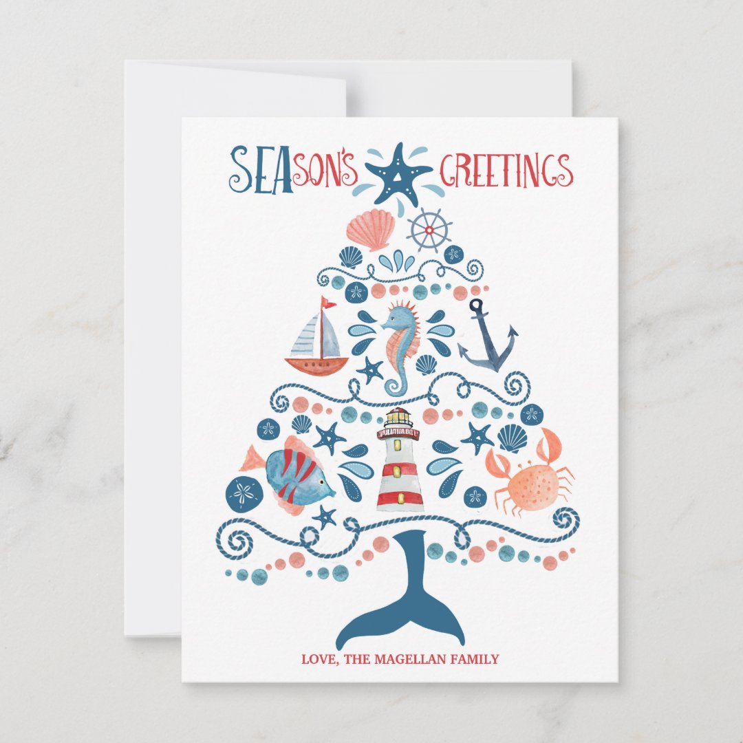 Nautical Seas and Greetings Beach Christmas Tree Holiday Card | Zazzle