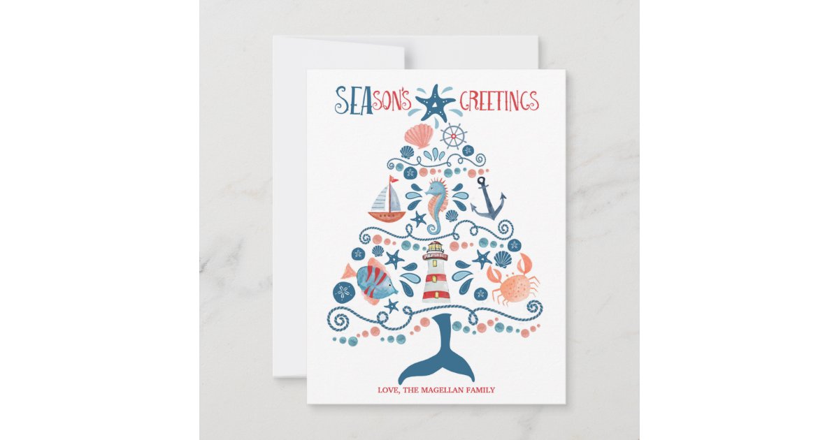 Nautical Seas and Greetings Beach Christmas Tree Holiday Card | Zazzle