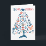 Nautical Seas and Greetings Beach Christmas Tree Holiday Card<br><div class="desc">Beach inspired Holiday greeting card features a pattern of tropical fish, lighthouse, whale tail, seashell, starfish, crab, sand dollar, sailboat, seahorse and captain's wheel in the shape of a Christmas tree with "SEAson's Greetings" in a cool nautical font. Inside has a "Warmest wishes for a Merry Christmas & Happy New...</div>