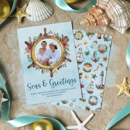 Nautical Seas and Greetings Photo Coastal Holiday Card