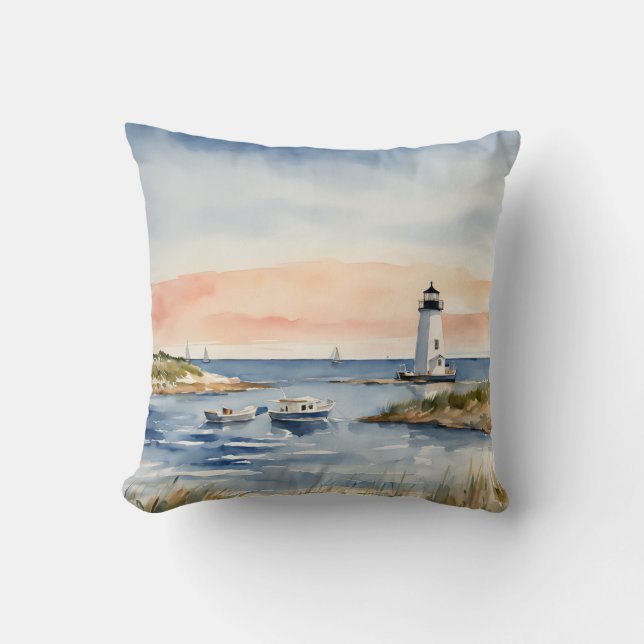 Nautical Seascape Coastal Boats Sunrise Lighthouse Throw Pillow (Front)