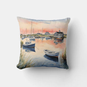 Nautical Seascape Coastal Boats Sunrise Throw Pillow