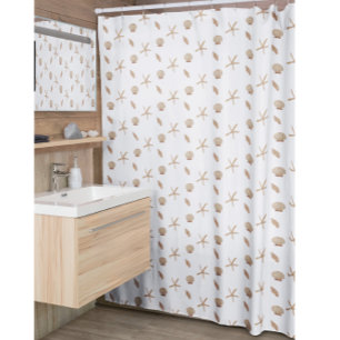Nautical Seashell and Starfish Pattern White Blue Shower Curtain