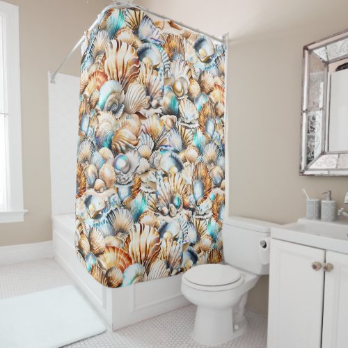 Nautical seashell beach ocean sea collage shells shower curtain