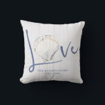 Nautical Seashell Love | Coastal Wood Throw Pillow<br><div class="desc">Nautical Seashell Love | Coastal Wood Throw Pillow featuring elegant yet rustic typography of Love with a watercolor seashell as the "o" on a background of coastal white wood. Add your custom name and anniversary year for a truly unique design. Perfect for your cottage or beach house.</div>