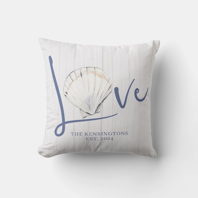 Nautical Seashell Love | Coastal Wood Throw Pillow (Front)