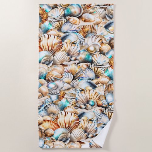 Nautical seashell pattern iridescent shells chic beach towel