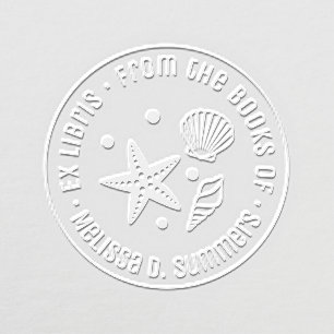 Nautical Seashell Starfish Pearls Round Bookplate Embosser