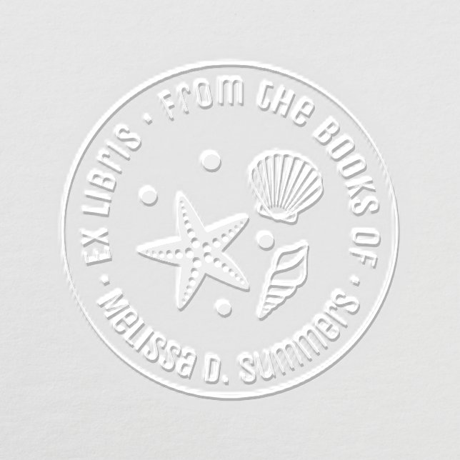 Nautical Seashell Starfish Pearls Round Bookplate Embosser (Design)