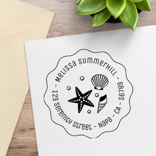 Nautical Seashell Starfish Pearls Wavy Address Rubber Stamp