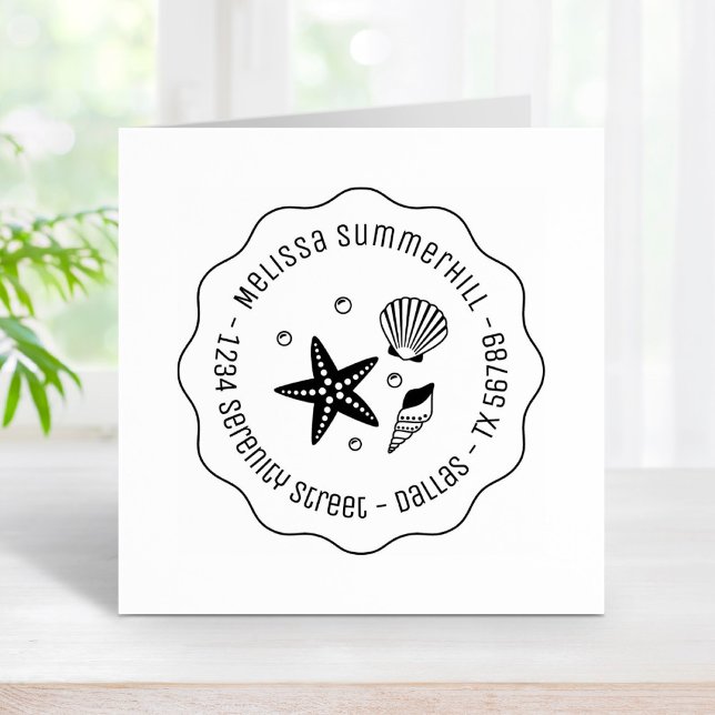 Nautical Seashell Starfish Pearls Wavy Address Rubber Stamp (Creator Uploaded)