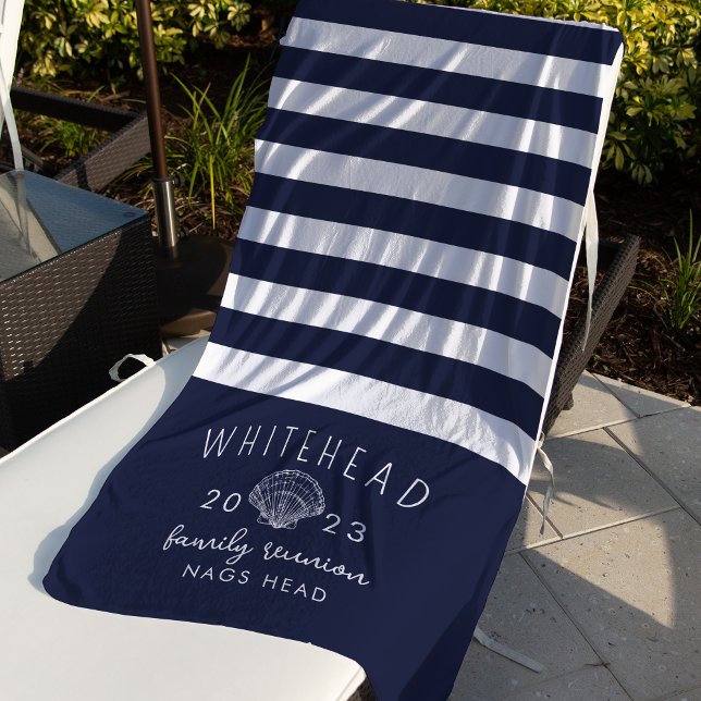 Nautical Seashell Stripe Navy Monogram Beach Towel (Creator Uploaded)