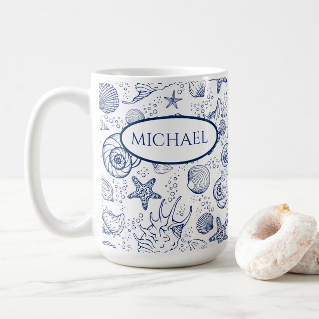 Nautical Seashell Themed Beach Coffee Mug (With Donut)