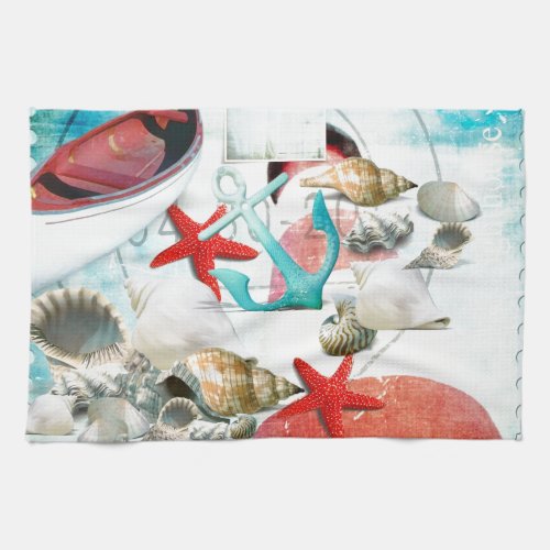 Nautical Seashells Anchor Starfish Beach Theme Kitchen Towel