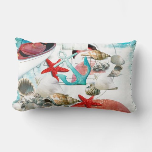 Nautical Seashells Anchor Starfish Beach Theme Lumbar Pillow