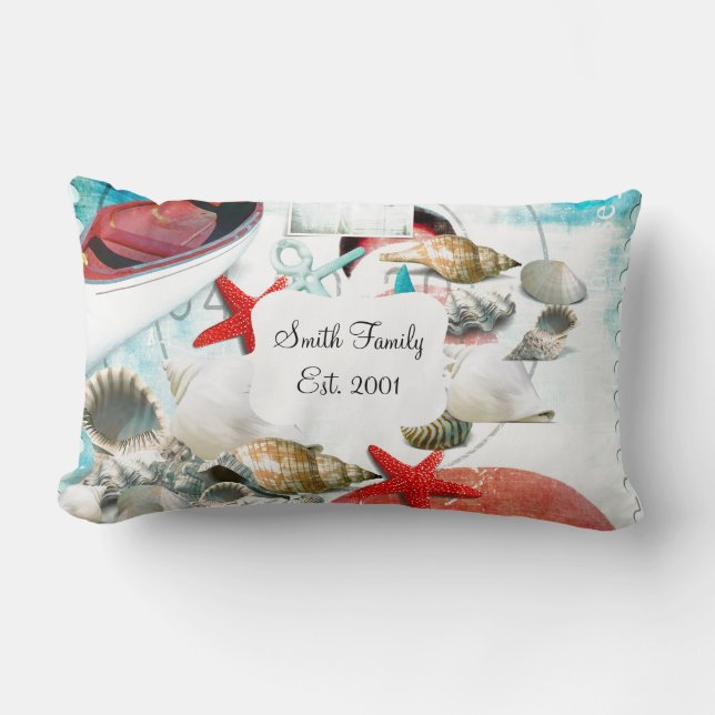 Nautical Seashells Anchor Starfish Beach Theme Lumbar Pillow (Front)