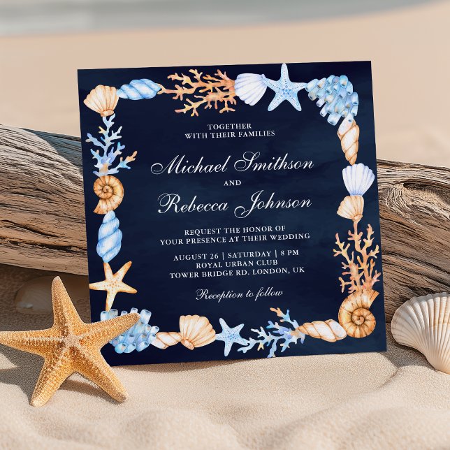 Nautical Seashells Frame All in One Navy Wedding Invitation (Creator Uploaded)
