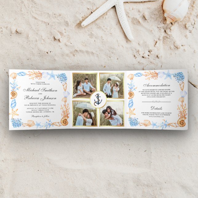 Nautical Seashells Frame Photo Collage Wedding Tri-Fold Invitation (Creator Uploaded)