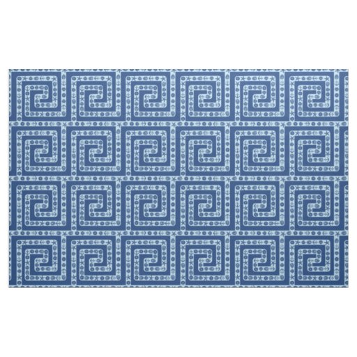 Nautical Seashells Greek Key Dark Blue Beach House Fabric