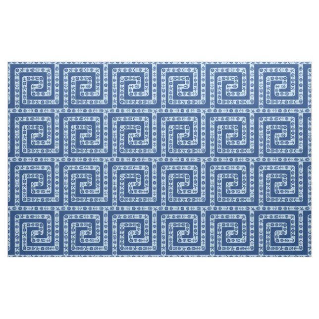 Nautical Seashells Greek Key Dark Blue Beach House Fabric (Yard)