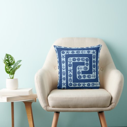 Nautical Seashells Greek Key Dark Blue Beach House Throw Pillow