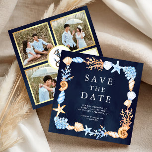 Nautical Seashells Navy Blue Photo Collage Wedding Save The Date