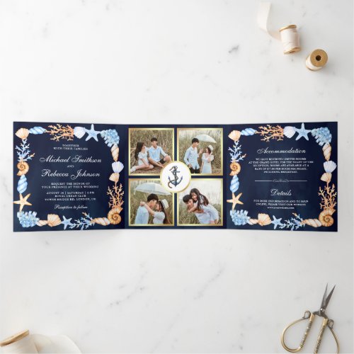 Nautical Seashells Navy Blue Photo Collage Wedding Tri_Fold Invitation