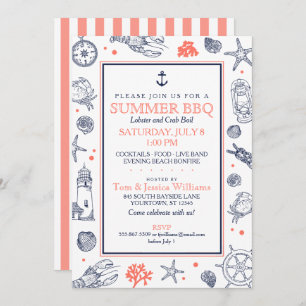 Nautical Seaside Beach Navy Blue/Coral Invitation
