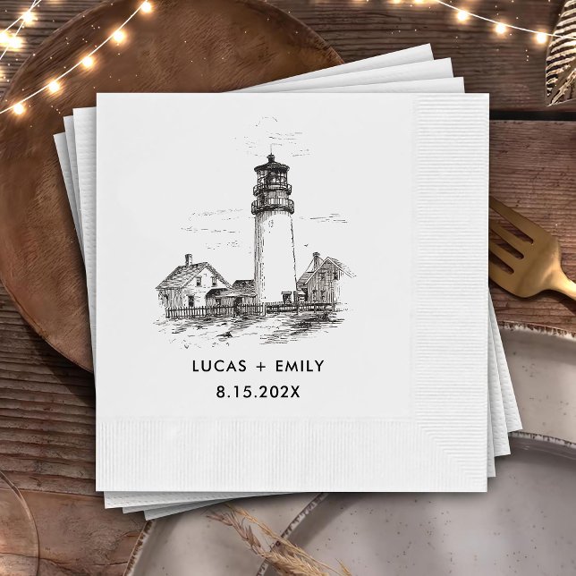 Nautical Seaside Lighthouse Dark Black Wedding Napkins (Creator Uploaded)