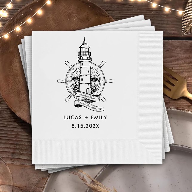 Nautical Seaside Lighthouse Dark Black Wedding Napkins (Creator Uploaded)