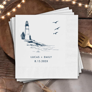Nautical Seaside Lighthouse Dark Blue Wedding Napkins