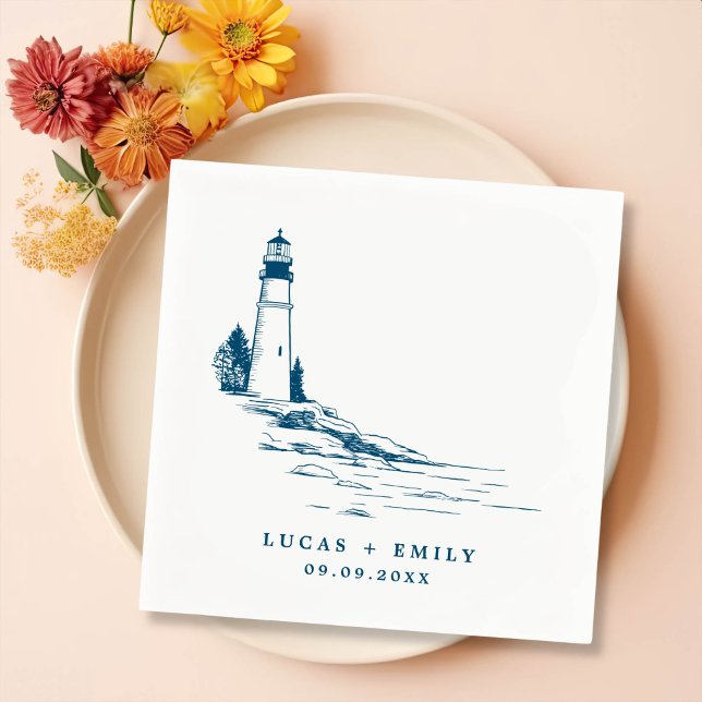 Nautical Seaside Lighthouse Dark Blue Wedding Napkins (Creator Uploaded)