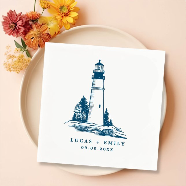 Nautical Seaside Lighthouse Dark Blue Wedding Napkins (Creator Uploaded)