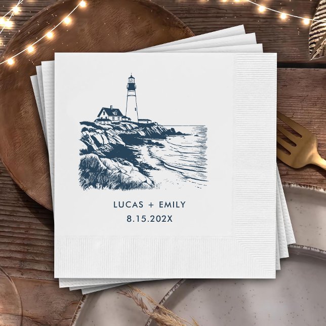 Nautical Seaside Lighthouse Dark Blue Wedding Napkins (Creator Uploaded)