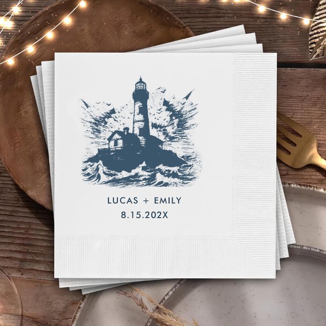 Nautical Seaside Lighthouse Dark Blue Wedding Napkins (Creator Uploaded)