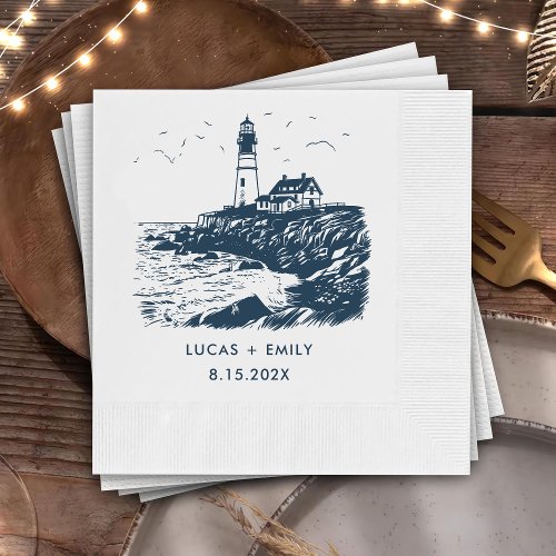 Nautical Seaside Lighthouse Dark Blue Wedding Napkins