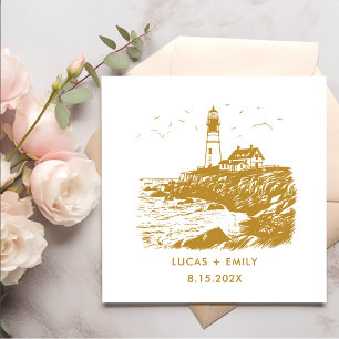 Nautical Seaside Lighthouse Gold Wedding Napkins