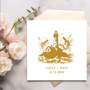 Nautical Seaside Lighthouse Gold Wedding Napkins