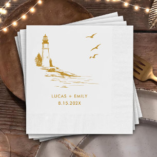 Nautical Seaside Lighthouse Gold Wedding Napkins