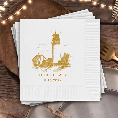 Nautical Seaside Lighthouse Gold Wedding Napkins