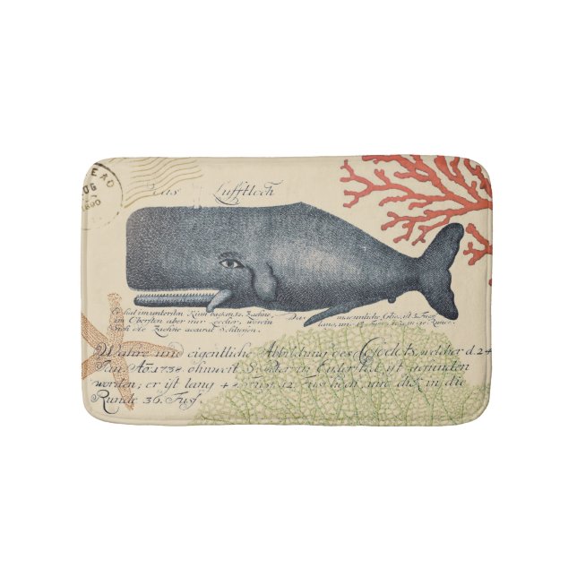 Nautical Seaside Vintage Blue Whale Collage Bath Mat (Front)