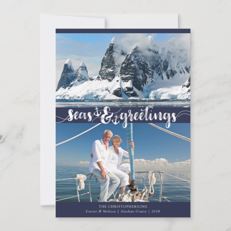 Nautical SEAsons Greetings | Anchors | Navy Blue Holiday Card | Zazzle
