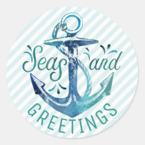 Nautical &quot;SEAson's Greetings,&quot; Aqua Stripes Classic Round Sticker