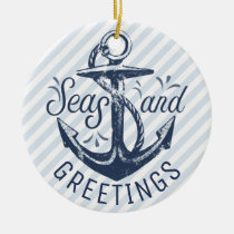 Nautical SEAsons Greetings | Blue and White Photo Ceramic Ornament