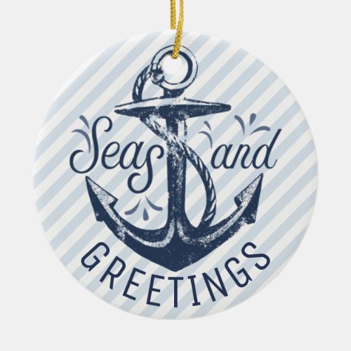 Nautical SEAsons Greetings  Blue and White Photo Ceramic Ornament