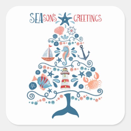 Nautical Seasons Greetings Christmas Tree Square Sticker